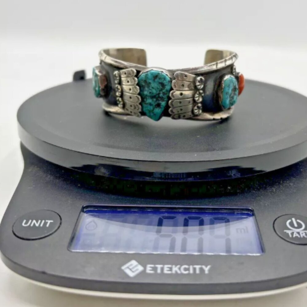 Vintage ML Native‎ American Navajo Zuni Silver Turquoise Coral Cuff Bracelet - Picture 11 of 14